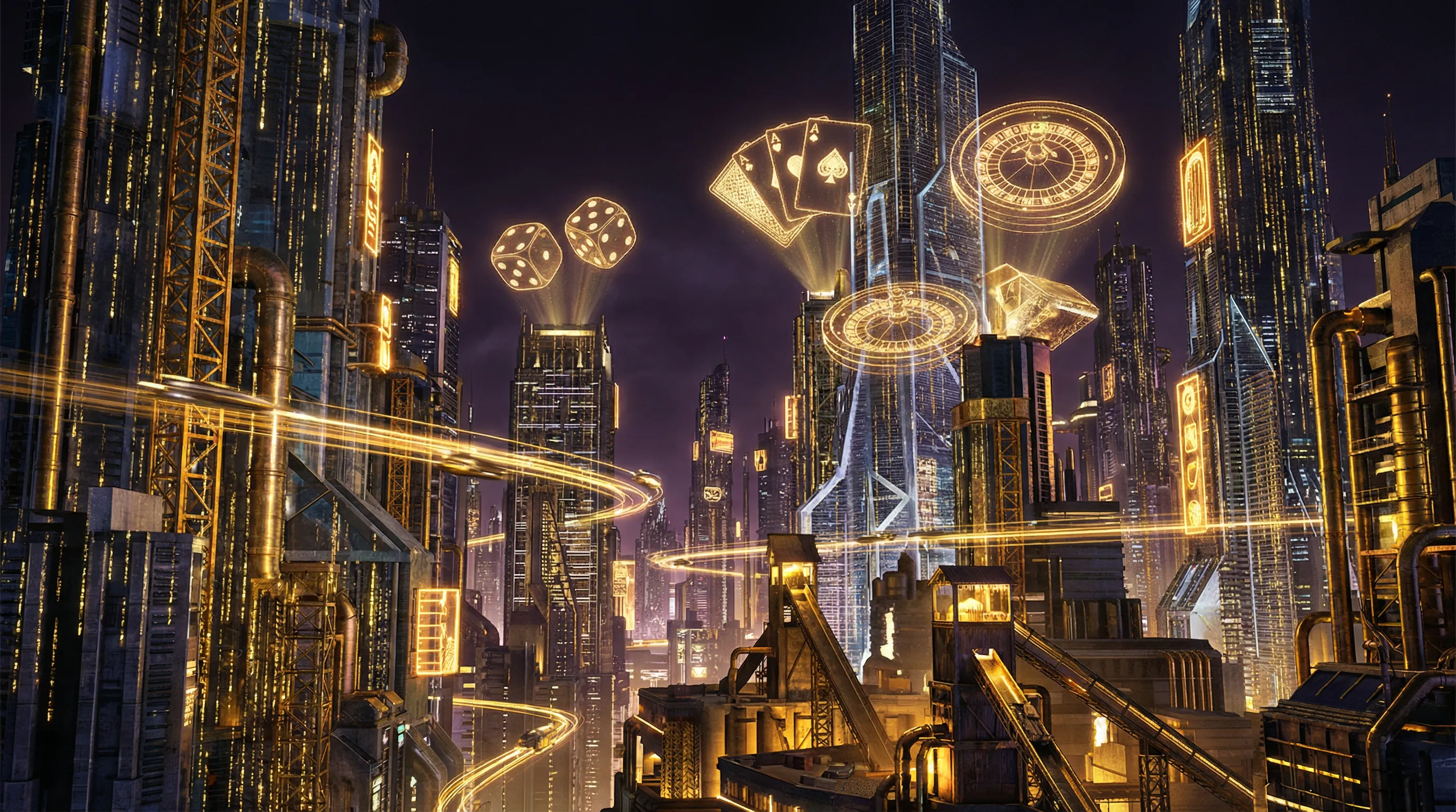 天元棋牌 赛博朋克金矿不夜城全景 - 未来都市夜景